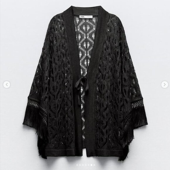 Zara Crochet Front Tie Cardigan with Fringe M - Picture 1 of 6